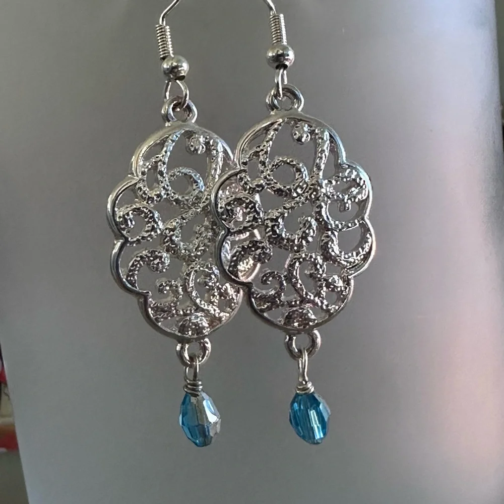 Intricate Silver Earrings with Blue Accent - Picture 2 of 5
